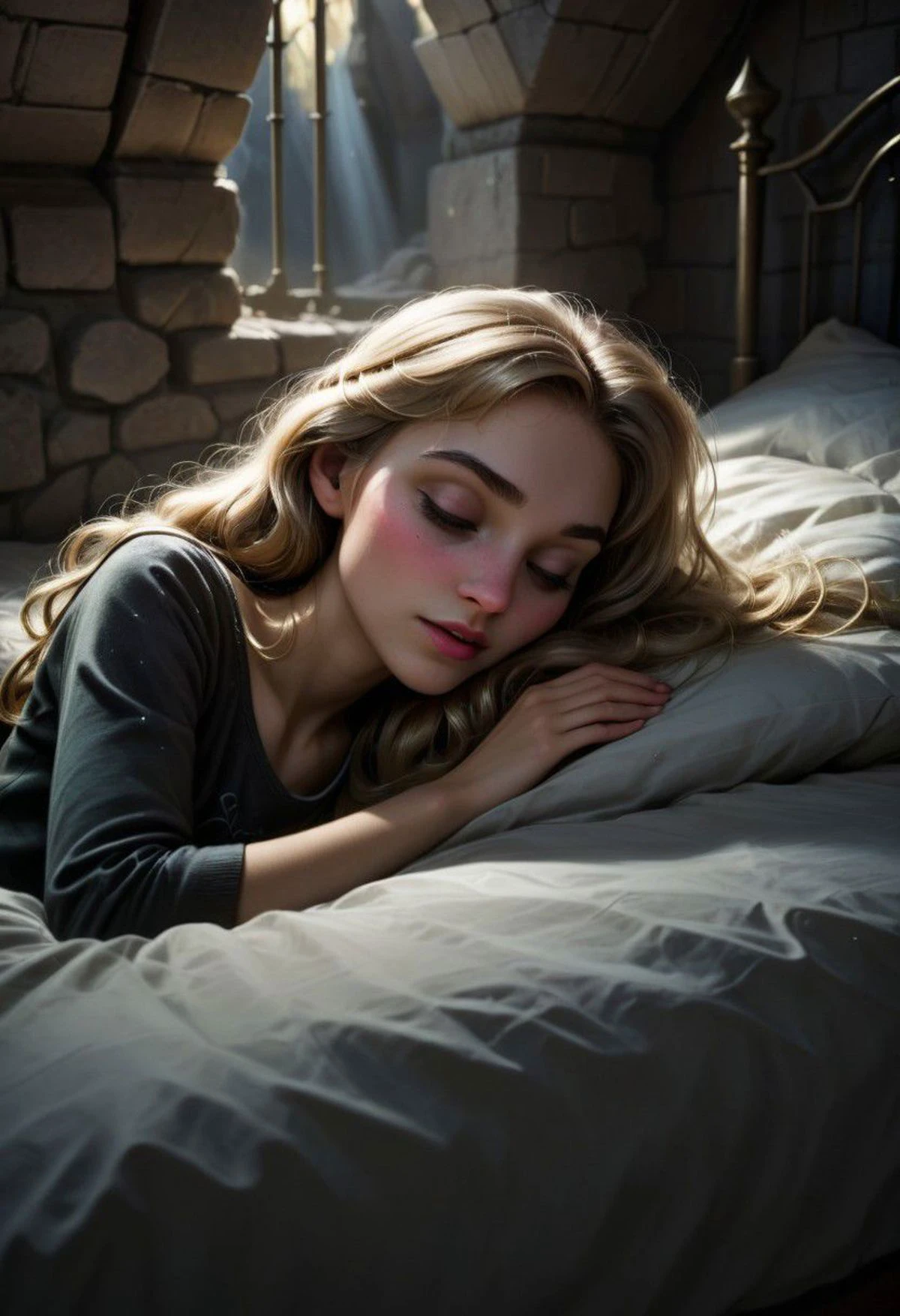 Ultra Realistic, Aurora, slender, asleep, in a messy bed in dark castle, sun ray on her face, lying in a bed, cute
