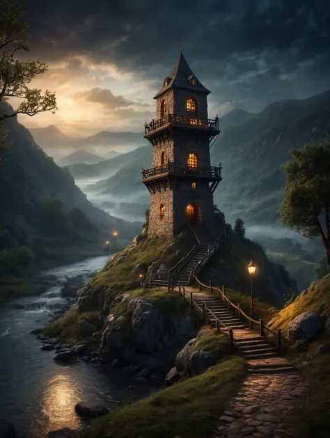 ethereal fantasy concept art of , medieval lighted lookout tower in fantasy style on a hill next to a small river, dark clouds, dense fog, evening atmosphere, ((small ballisade around the tower)), guards with torches, ((flying ravens)),
<lora:add-detail-xl:1.4>, Ultra-HD-details, true to life, HDR image, High detail resolution, high detailed cloth, cinematic lighting, realistic, sharp focus, (very detailed), ((4K HQ)), depth of field, f/1.2, Leica, 8K HDR, High contrast, bokeh, realistic shadows, vignette, epic,, symmetric eyes, same color eyes . magnificent, celestial, ethereal, painterly, epic, majestic, magical, fantasy art, cover art, dreamy