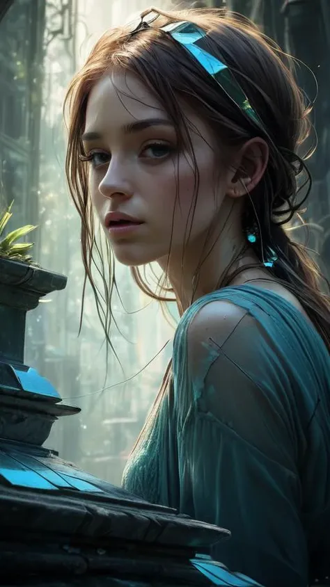 A girl in Lost Land of Ancient Advanced Civilization, A forgotten kingdom of towering spires and mysterious ruins, shrouded in a thick fog of secrets and forgotten knowledge. in the style of Carne Griffiths, Broken Glass effect, no background, stunning, something that even doesn't exist, mythical being, energy, molecular, textures, iridescent and luminescent scales, breathtaking beauty, pure perfection, divine presence, unforgettable, impressive, breathtaking beauty, Volumetric light, auras, rays, vivid colors reflects