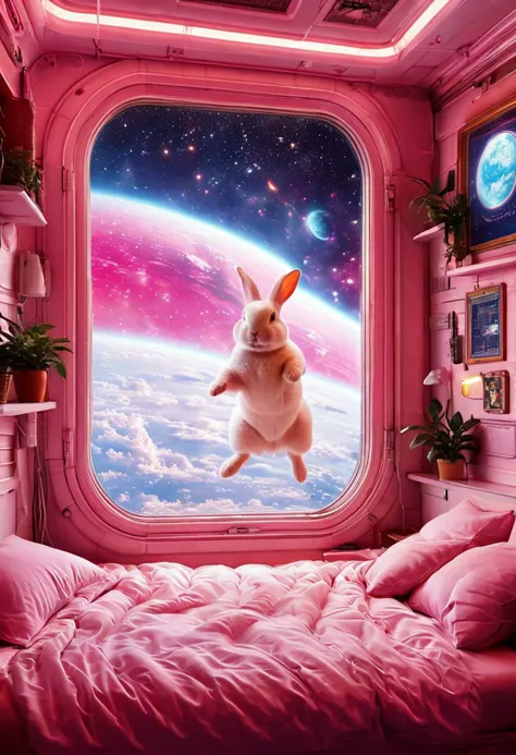 professional epic action photo of hyperrealistic fat white rabbit with big brown eyes jumping into the air on bed, cute animals page, plants on the windowsill, tiny bedroom in space, anchespaceroom, view out of the window of hyperdetailed planet-earth, pink neon lights around window, vaporwave