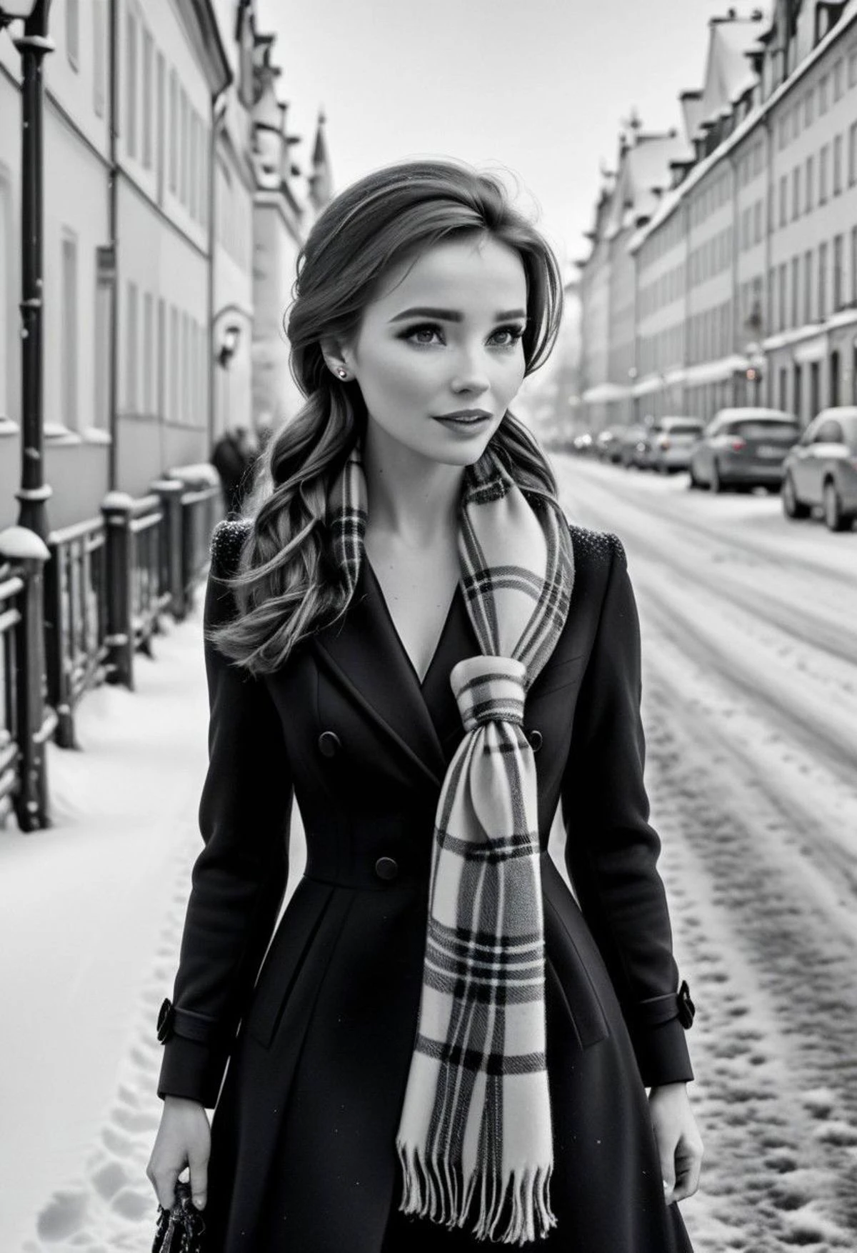 Ultra Realistic, B&W picture, Anna, elegant, classy scottish scarf, flirty, walking on snowy streets in Stockholm, B&W picture