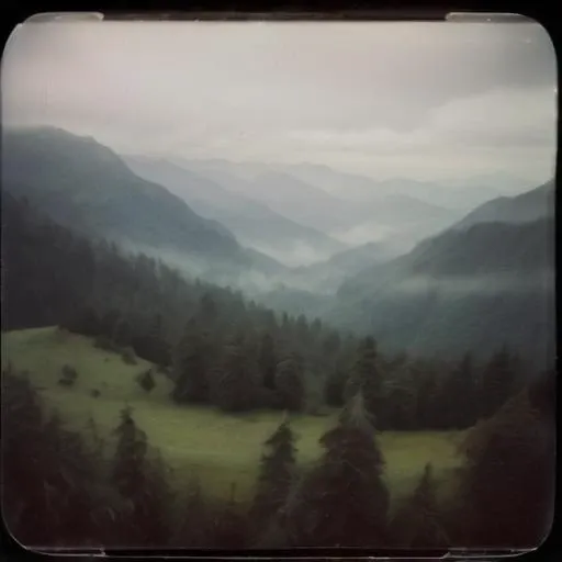 rainy and foggy mountains, lord of the ring style, polaroid