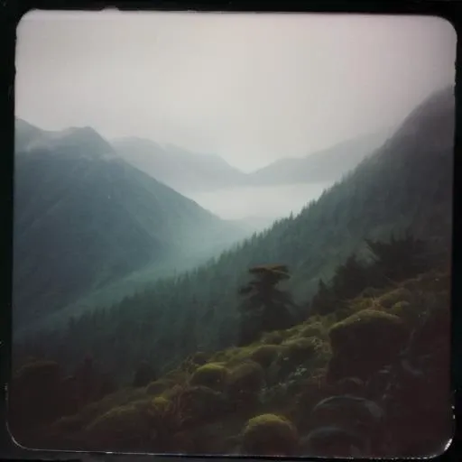rainy and foggy mountains, lord of the ring style, polaroid