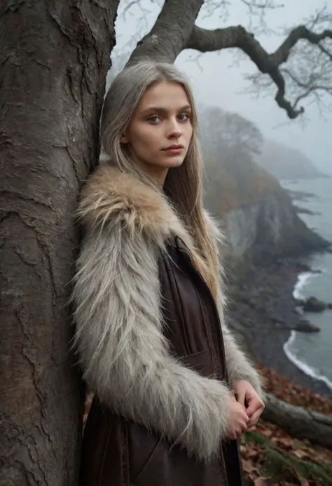 late fall, close up portraite of Slavic thin girl, standing leaning on shoulder a very ancient giant oak tree on a misty cliff on the shore of the northern sea, ash-white hair, old fur jacket, foggy background, falling oak leaves, strobist, f/11, epic realistic, cinematic, detailed, 16K, best quality