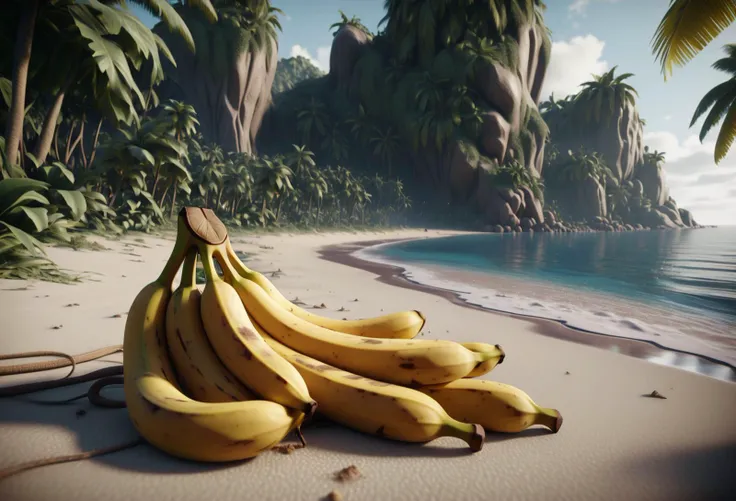 epic intricate vibrant cinematic unreal engine render of a beach filled with bananas, bananas everywhere