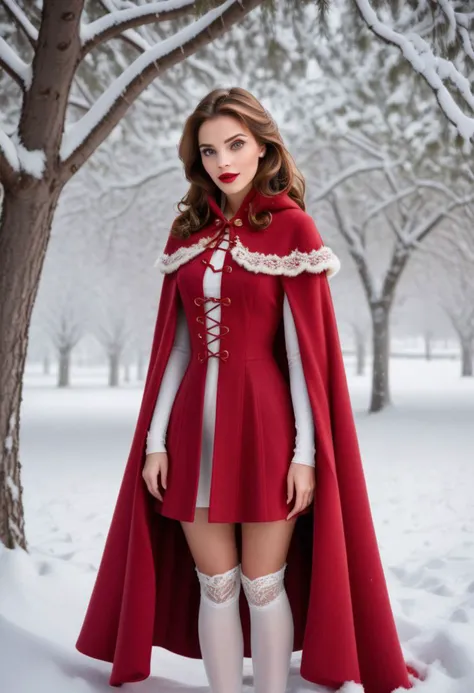 Ultra Realistic,  Belle, classy, flirty, long red cape coat, in snow, hiding behind a tree, white lacing tights, sparkling eyes, perfect lips