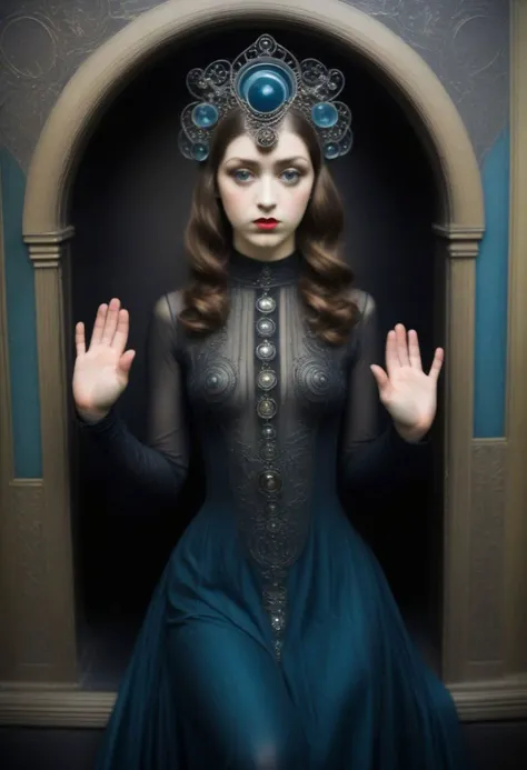 (daguerreotype by Fritz Lang:1.5) (full body shot:1.4) of a pretty Maud, 18 year old, short bang hair, blue eyes, mudra hand gesture, eldritch otherworldly art-nouveau headdress, diaphanous drapes, avant-garde transluscent transparent black latex cupless outfit with thick metal inlays, thigh-high heels, indoors, Art-nouveau Mucha style background, black marble ground, Alphonse Mucha Style page, depth of field, dramatic backlighting, film grain, vignette