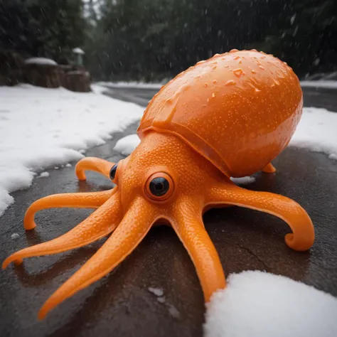 athropomorphic squid female (Orange maid outfit) laying on stomach, in the snow rainy, thunderstorm, wet, (umbrella:-1)