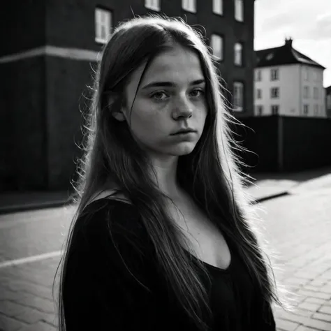 Black & white photography, portrait of a beautiful 25-year-old scandinavian woman, long hair, natural light, urbanscape in the blackground, harsh shadows, large lens