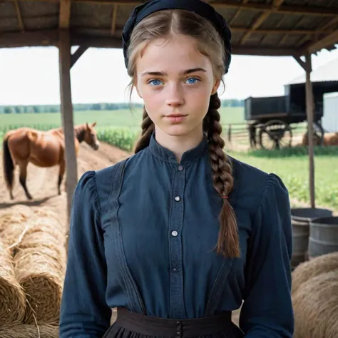 photo of a 18 years old hot girl, wearing Amish woman outfit, working at a farm, perfect teeth, cinematic composition, reflective blue eyes, detailed face, detailed eyes, detailed skin pores, 8K, UHD, high definition photo,