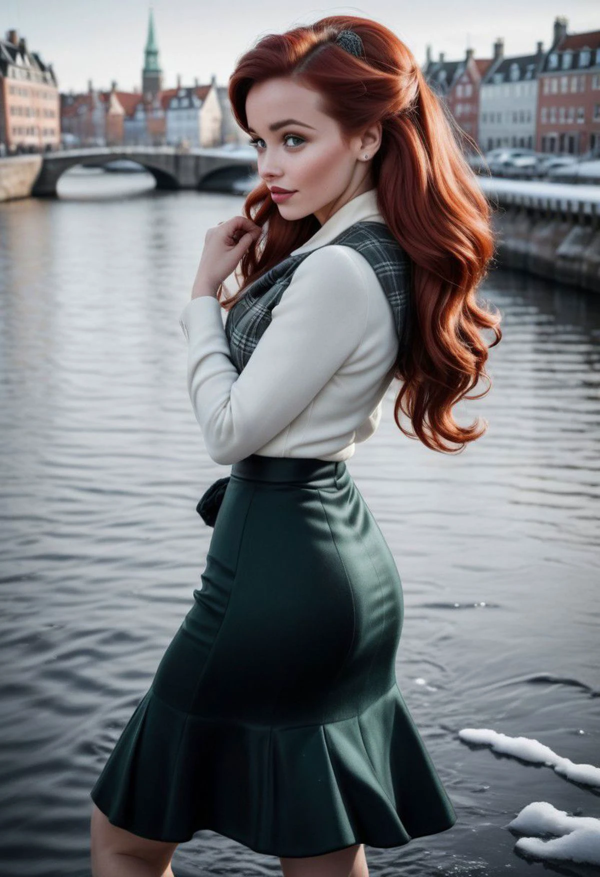 Ultra Realistic, Ariel, elegant, adjusting hair, classy scottish scarf, flirty, walking next to the icy river in Copenhaguen, B&W picture