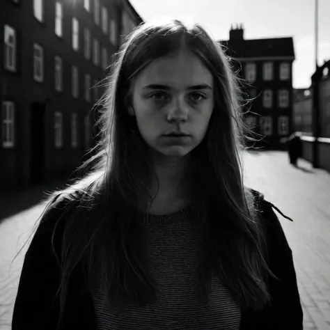 Black & white photography, portrait of a beautiful 25-year-old scandinavian woman, long hair, natural light, urbanscape in the blackground, harsh shadows, large lens