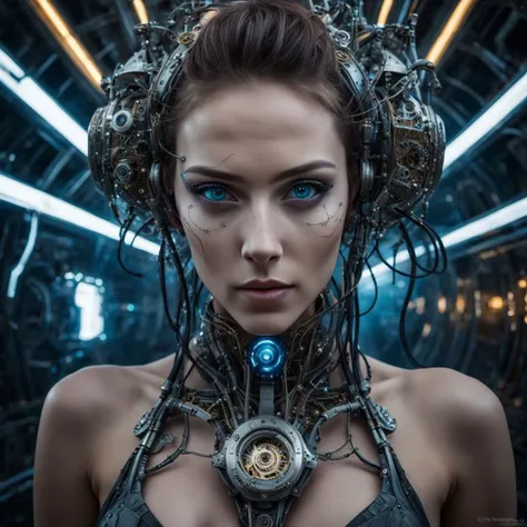 naked woman connected to futuristic machinery, many metal cables connected to body, ((suction machine connected to breasts)), futuristic metal helmet on head connected to futuristic machinery, hyper photo realistic. Higheast quality. Masterpiece. A woman. Hyper realistic human features. Perfect facial features. topless, ((huge puffy breasts)), ABS, model figure, wide hips, The woman has biomorphic, futuristic armor, hair composed of interlaced, net like, shapes and forms. (Sharp focused background jungle of biomorhic orbs and large spececraft.). Include the colors white, turquoise, orange and copper. Vanilla sky. Art by Todd Lockwood, Otto Pilny, Otto Rapp, and Peter Gric. Cgsociety, gothic art, fractalism, fantasy, dystopian art, neo-figurative, vray tracing Trending on zbrush central, fantasy art, zbrush, biomorphic, fractalism. Smooth, sharp focus. A photo realistic, surreal, image of a female that transcends the boundaries of reality and imagination.The image should evoke a sense of wonder and mystery. Porcelain. 8k, ((natural skin, huge breasts))