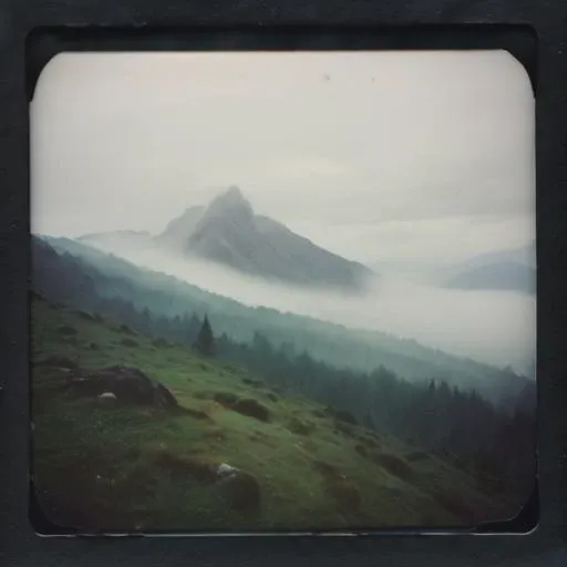 rainy and foggy mountains, lord of the ring style, polaroid