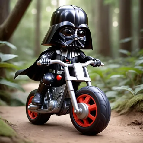 darth vader chibi style, riding a large Motocycle