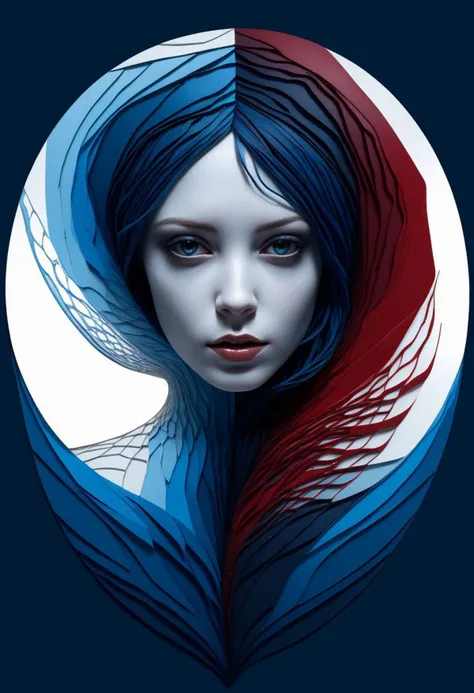 layered papercut, mysterious face, an exotic woman in artsy clothing, fading backlit background, (deep sea fading white to deep blue/red), alluring goddess, by Minjae Lee, Carne Griffiths, Emily Kell, Steve McCurry, Geoffroy Thoorens, Aaron Horkey, Jordan Grimmer, Greg Rutkowski, amazing depth, double exposure, surreal, geometric patterns, intricately detailed, bokeh, perfect balanced, deep fine borders, artistic photorealism , smooth, great masterwork by Suiras <lora:add-detail-xl:2> <lora:Double_Exposure:0.5>