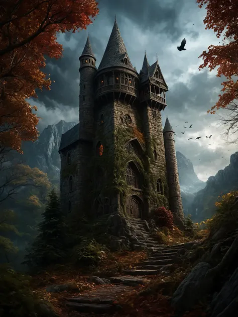 Horror-themed , greg rutkowski cinematic photography of a full color fantasy dungeons and dragons masterpiece, a hidden medieval red ivy covered round high fantasy style mage tower with blue glowing windows surrounded by an ancient mystical forest with gnarled characterful trees. flying crows, high mountains in the background, autumn, evening, dark clouds, mystical, epic, enchanted,
<lora:greg_rutkowski_xl_2:1>, Ultra-HD-details, true to life, HDR image, High detail resolution, high detailed cloth, cinematic lighting, realistic, sharp focus, (very detailed), ((4K HQ)), depth of field, f/1.2, Leica, 8K HDR, High contrast, bokeh, realistic shadows, vignette, epic, . Eerie, unsettling, dark, spooky, suspenseful, grim, highly detailed