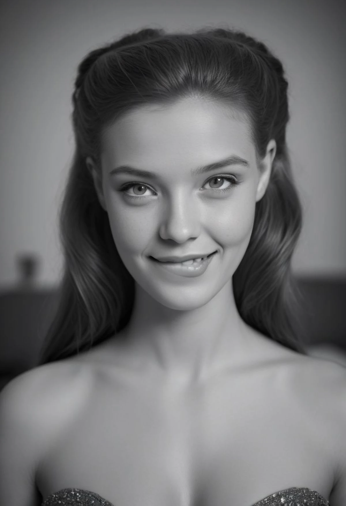 julia, long hair, 1girl, lips, solo, hair ornament, breasts, dress, film grain, monochrome, lipbite, portrait, 1960's hairdo, formal hairstyle, glamour, cleavage:1.7, headshot, realistic, photograph, 8k, sexy, (looking at viewer), bokeh background, smile, grin, satin, eye focus, greyscale