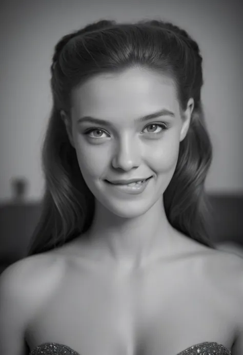 julia, long hair, 1girl, lips, solo, hair ornament, breasts, dress, film grain, monochrome,  lipbite, portrait, 1960's hairdo, formal hairstyle, glamour,  cleavage:1.7, headshot, realistic, photograph, 8k, sexy, (looking at viewer), bokeh background, smile, grin, satin, eye focus, greyscale