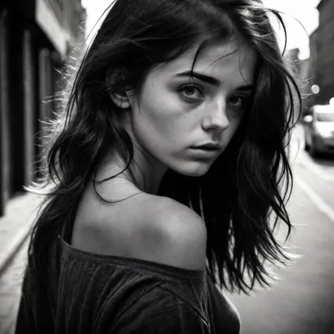 Black & white photography, portrait of a beautiful young brunette, disheveled shoulder length hair, natural light, urbanscape in the blackground, harsh shadows, large lens