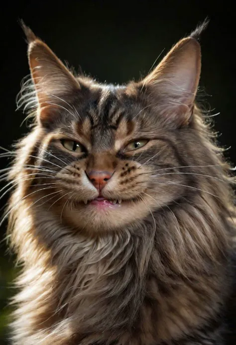 A strikingly majestic MaineCoon cat, its fur exhibiting a stunning blend of colors, from rich browns to lustrous blacks, reminiscent of the intricate strokes of a master painter.