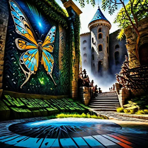 Whimsical Fairy Wonderland, Absolem, graffiti art, splash art, street art, spray paint, oil gouache melting, acrylic, high contrast, colorful polychromatic, ultra detailed, ultra quality, CGSocietyintricate details, HDR, beautifully shot, hyperrealistic, sharp focus, 64 megapixels, perfect composition, high contrast, cinematic, atmospheric, moody