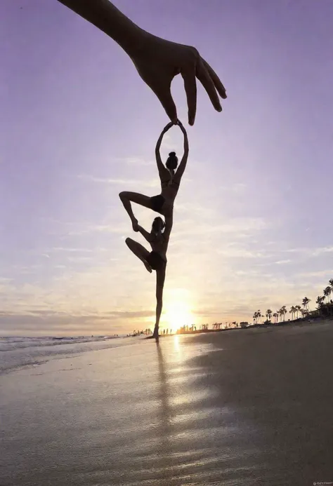 F-B-C, POV, silouhette, foreground: pincer fingers , background: a woman doing a yoga figure on the beach with one leg raised , effect: fingers pull woman's leg up
