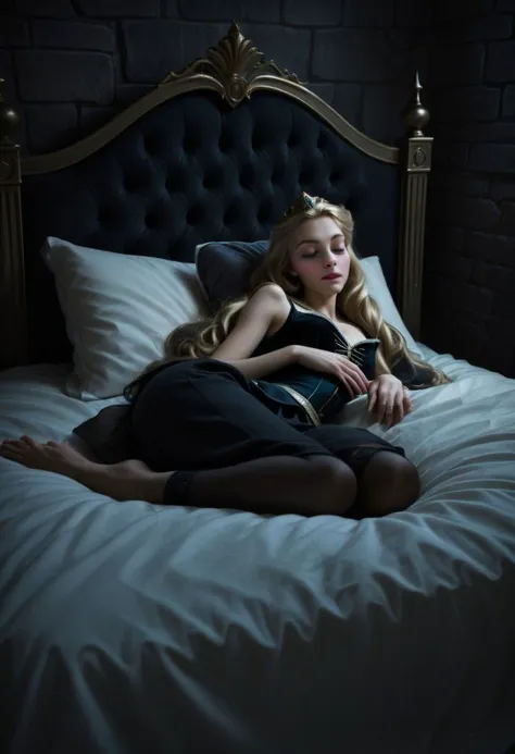 Ultra Realistic,  Aurora, slender, asleep, in a bed in dark castle, lying in a bed, cute