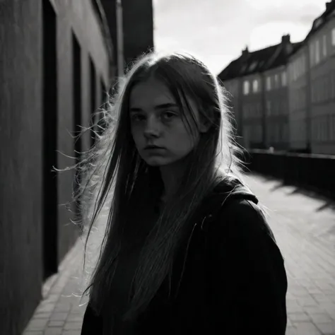 Black & white photography, portrait of a beautiful 25-year-old scandinavian woman, long hair, natural light, urbanscape in the blackground, harsh shadows, large lens