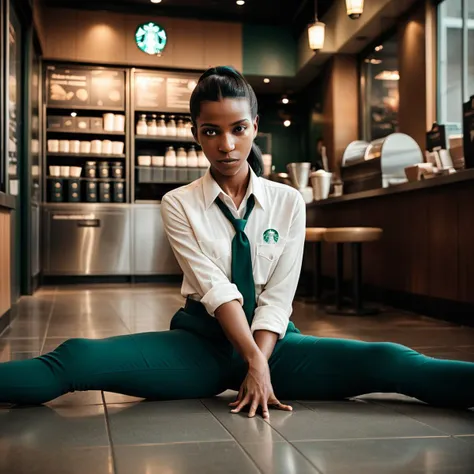 cinematic photo of a female starbucks worker doing a split pose on the floor in starbucks