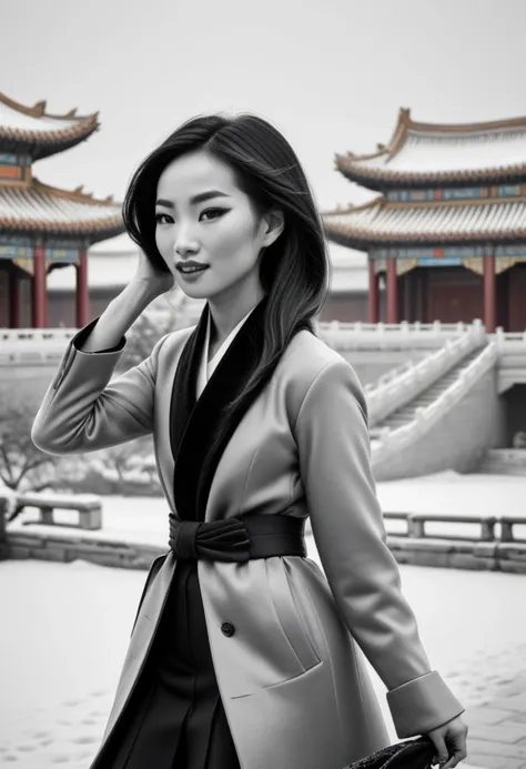 Ultra Realistic,  Mulan, elegant, adjusting hair, classy scottish scarf, flirty, walking on snowy streets in Forbidden city in China, B&W picture