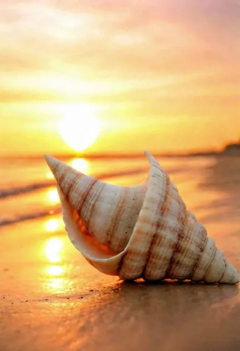 F-B-C, sharp foreground: an eroded shell, blurry background:  sunset on the beach , effect: the shell encapsulate the sunset scene