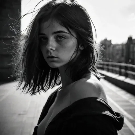 Black & white photography, portrait of a beautiful young brunette, disheveled shoulder length hair, natural light, urbanscape in the blackground, harsh shadows, large lens