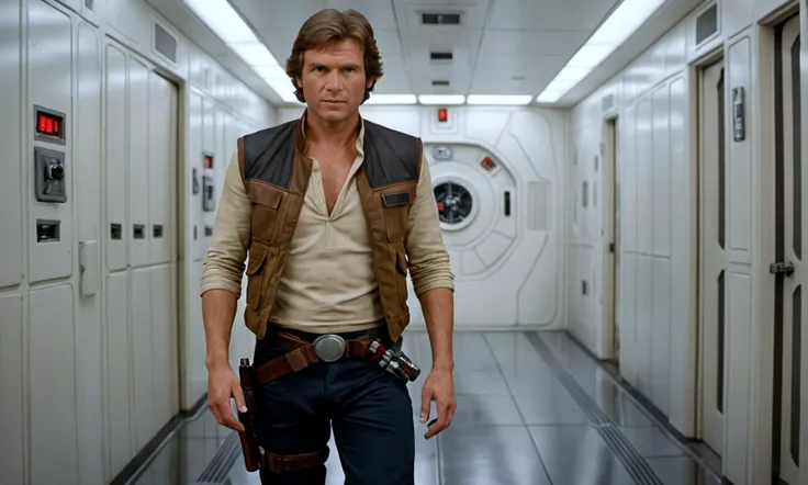ultrares highly detailed film still from Star Wars: Han Solo, the famous smuggler and rebel hero holding a blaster pistol in his right hand and a comlink in his left, sneaking through a corridor of an Imperial outpost, avoiding detection by the security cameras and sensors. He looks confident and determined, ready to face any danger that might come his way.