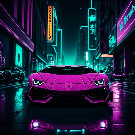 cinematic photo of a lamborghini in a cyberpunk city with neon lights and starry sky, masterpiece