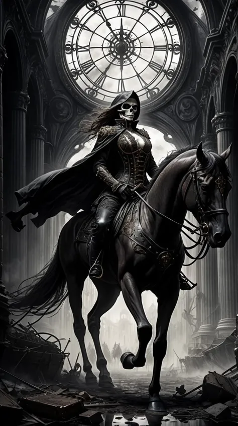 steampunk-inspired baroque rendition of horsemen of the apocalypse on horses, naked girls in capes and armor, skeleton, expressive, black ink and watercolor sharp fast line, cloudy sky and bones and skulls on the ground, fog . opulent, grand, ornate, dramatic, detailed, decorative,minimalist in a gothic getup. Dark, leather, lace, Victorian influence . gears, brass, rivets, old-world technology, intricate, highly detailed, Victorian,ugly