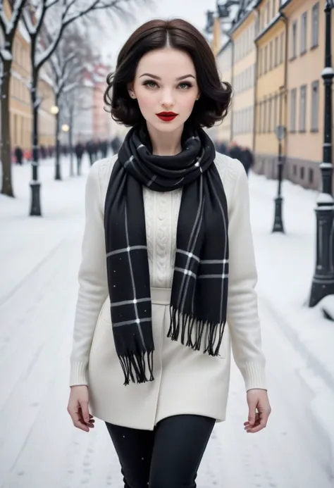 Ultra Realistic,  Snow White, elegant, classy scottish scarf, flirty, walking on snowy streets in Stockholm, B&W picture