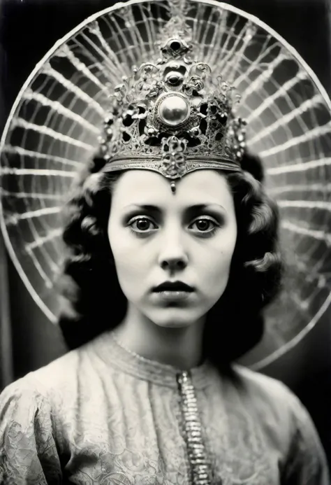 (monochrome daguerreotype film still by Fritz Lang:1.1) of a pretty young woman, 18 year old, emotional, eldritch otherworldly art-nouveau headdress, diaphanous clothes, cornea reflections, detailed skin texture, subsurface scattering, transluscent skin, skin bump, skin pores, goose bump, skin fuzz, peach skin, vellus hair, indoors, depth of field, dramatic backlighting, film grain, vignette