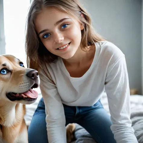 photo of a 18 years old hot girl, wearing T-shirt and denim pants, playing with a dog, perfect teeth, cinematic composition, reflective blue eyes, detailed face, detailed eyes, detailed skin pores, 8K, UHD, high definition photo,