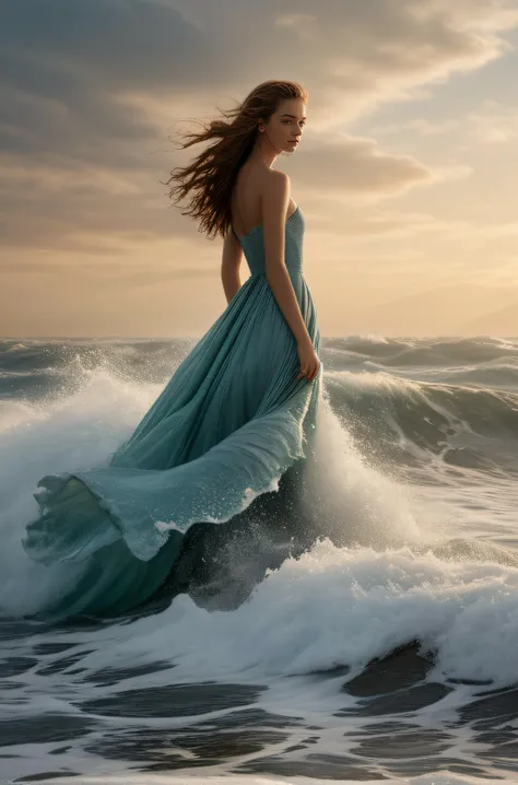 (wearing the waves), a frail and sympathetic young woman faces the fury of the ocean and wears the ocean as her gown, huge waves crash against her, the foam creates a gown that enrobes her, wearing the ocean, humanity defying nature, it is the nature of the sea that it will seek to overcome you, a wave will crash against you throwing you down, dragged into the waves you will struggle to your feet and find yourself standing in sparking foam, you have conquered the sea, (8k uhd), high detailed skin, RAW photo, realistic, skin texture, absurdres, high quality, film grain,