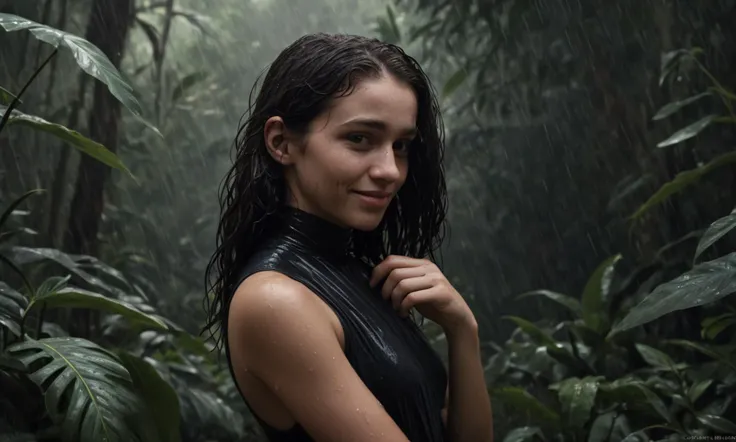 Photorealistic [Momo Yaoyorozu My Hero Academia whispering a secret to Ava Robot from Ex Machina,  A high-quality tableau vivant photograph of a petite, daring and independent dude, with deep and lively eyes, and messy hair blowing in the wind, The pair exude a radiant and resilient air::12], Within thick jungle foliage during a torrential downpour. Captured with stunning detail, the scene depicts the intense connection these two share,
[Her pale face covered in bumps, imperfections, and sweat. Texture and imperfections on her skin, nonetheless they have a Excited and enthusiastic expression. The shadows are dark and heavy, adding to the sense of hardship and struggle. The overall image is realistic and unflinching, capturing the girl's humanity and hardships in a raw and honest way. The composition is centered on the human and her struggles, adding a sense of intimacy and connection with a hopeful smile:12], wearing a [Victorian-Inspired Steampunk Attire|Classic black cocktail dress], [Raw | Intense] reality Style