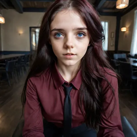 photo of a 18 years old hot girl dressed as a business woman, ((burgundy shirt)), long black hair, perfect teeth, flirty, horny, seductive pose, looking up at viewer, cinematic composition, reflective blue eyes, detailed face, detailed eyes, detailed skin pores, 8K, UHD, high definition photo,