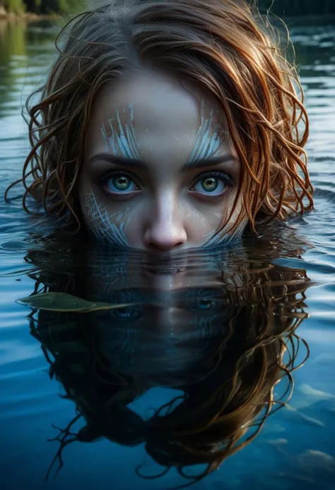 Mysterious female eyes in a lake, (only her eyes are above water-level, water reflection), goddess, alluring, by Minjae Lee, Carne Griffiths, Emily Kell, Steve McCurry, Geoffroy Thoorens, Aaron Horkey, Jordan Grimmer, Greg Rutkowski, amazing depth, double exposure, surreal, geometric patterns, intricately detailed, bokeh, perfect balanced, deep fine borders, artistic photorealism , smooth, great masterwork by head of prompt engineering <lora:add-detail-xl:2> <lora:Double_Exposure:0.5>