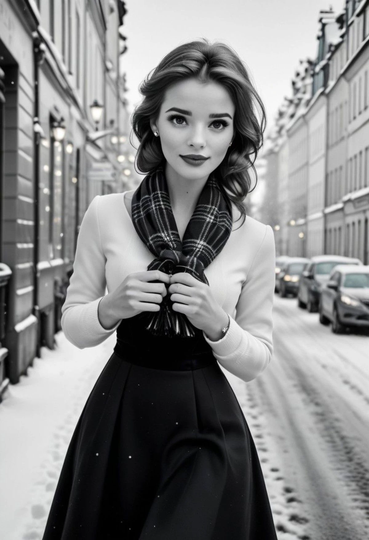 Ultra Realistic, B&W picture, Belle, elegant, classy scottish scarf, flirty, walking on snowy streets in Stockholm, B&W picture