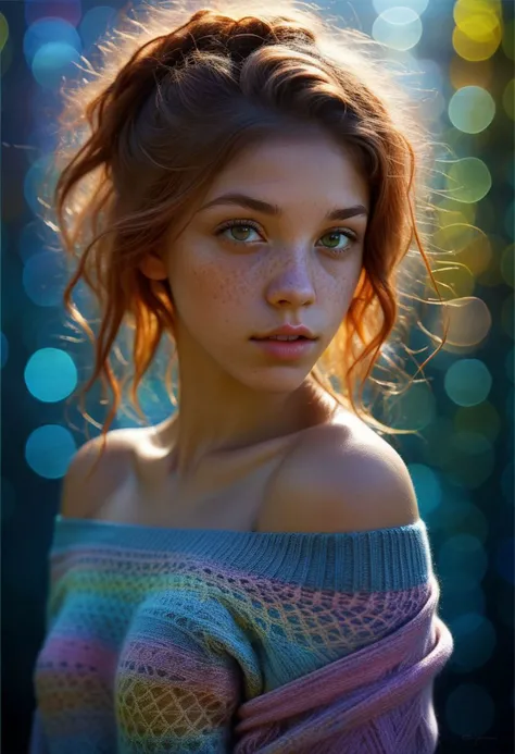 mysterious girl with freckles, an exotic girl in off-shoulder sweater, fading backlit background, pastell colours, alluring goddess, by Minjae Lee, Carne Griffiths, Emily Kell, Steve McCurry, Geoffroy Thoorens, Aaron Horkey, Jordan Grimmer, Greg Rutkowski, amazing depth, double exposure, surreal, geometric patterns, intricately detailed, bokeh, perfect balanced, deep fine borders, artistic photorealism , smooth, great masterwork by Suiras <lora:add-detail-xl:2> <lora:Double_Exposure:0.5>