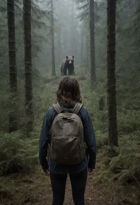 It's raining heavily. Blair witch woods, Cinematic Shot, Movie Still, Film Still, Cinematic, Cinematic Shot, Cinematic Lighting. Woman with backpack, seen from back encounters standing grizzly in front of her in the distance. High angle view shows both woman and bear, freezing