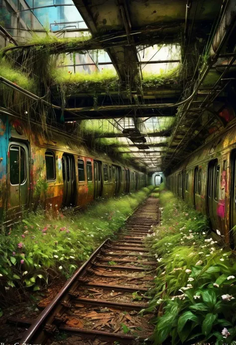 "An abandoned subway station with an abandoned subway train covered in vines kudzu flowers grass in a sharp photograph by Greg Olsen :: Andrea Lie :: Patrice Murciano :: Carne Griffiths :: photorealistic :: hyperdetailed :: vibrant deep colors"