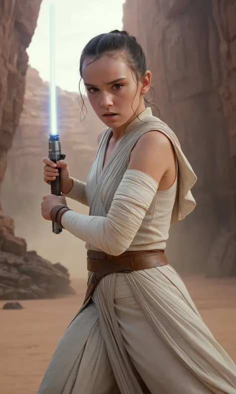 ultrares highly detailed film still from Star Wars: Rey in an action pose holding a lightsaber at the ready