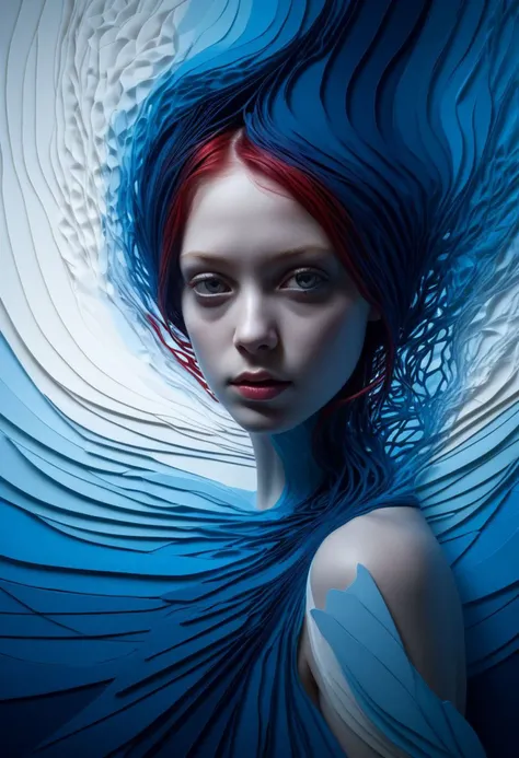 layered papercut, mysterious face, an exotic girl in artsy clothing, fading backlit background, (deep sea fading white to deep blue/red), alluring goddess, by Minjae Lee, Carne Griffiths, Emily Kell, Steve McCurry, Geoffroy Thoorens, Aaron Horkey, Jordan Grimmer, Greg Rutkowski, amazing depth, double exposure, surreal, geometric patterns, intricately detailed, bokeh, perfect balanced, deep fine borders, artistic photorealism , smooth, great masterwork by Suiras <lora:add-detail-xl:2> <lora:Double_Exposure:0.5>