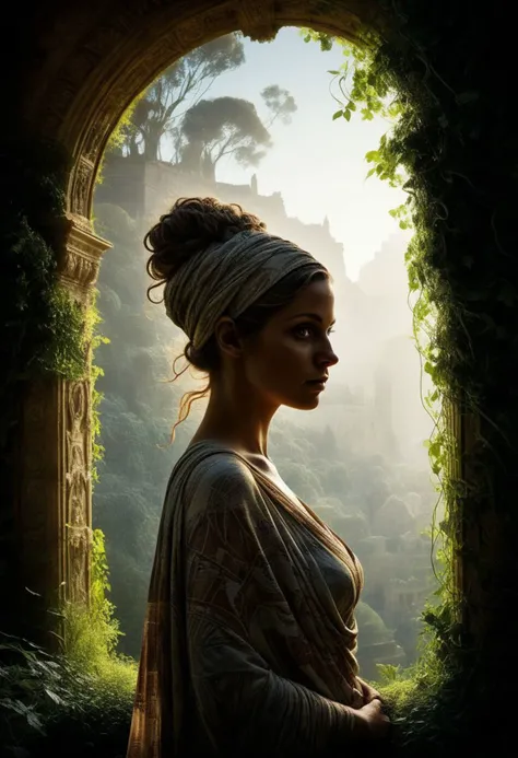 mysterious silhouette beautiful antique woman in a toga, (hanging gardens of lon), goddess, alluring, by Minjae Lee, Carne Griffiths, Emily Kell, Steve McCurry, Geoffroy Thoorens, Aaron Horkey, Jordan Grimmer, Greg Rutkowski, amazing depth, double exposure, surreal, geometric patterns, intricately detailed, bokeh, perfect balanced, deep fine borders, artistic photorealism , smooth, great masterwork by head of prompt engineering <lora:add-detail-xl:2> <lora:Double_Exposure:0.5>